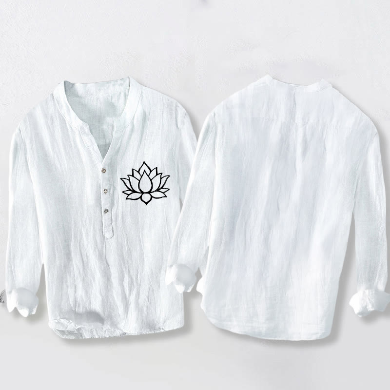 Buddha Stones Line-art Lotus Flower Pattern Half Buttons Men's Cotton Linen Long Sleeve Shirt - image 8