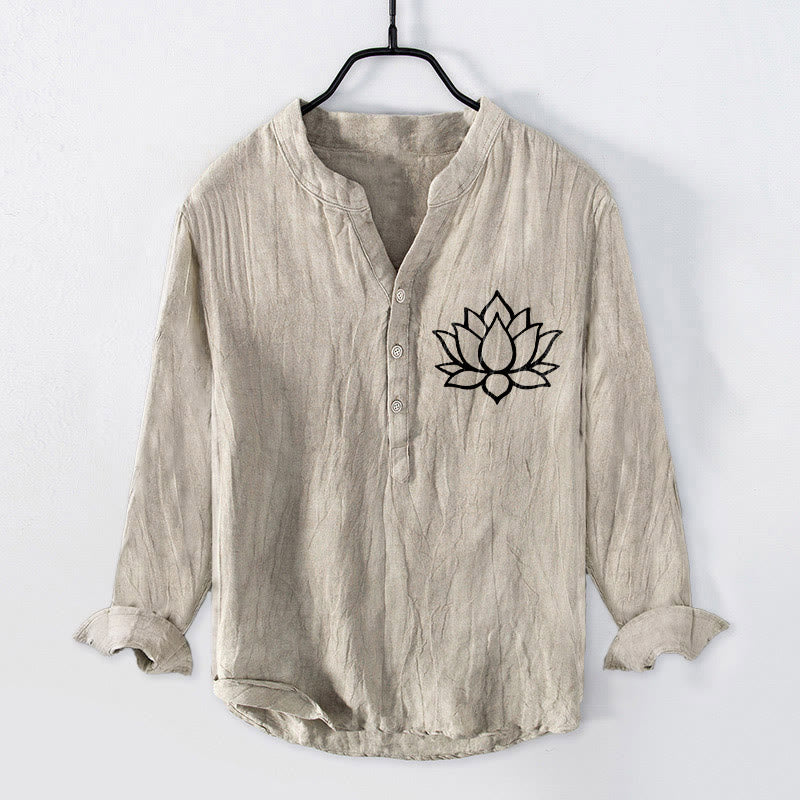 Buddha Stones Line-art Lotus Flower Pattern Half Buttons Men's Cotton Linen Long Sleeve Shirt - Linen - US/UK/AU50,EU60 (5XL) - image 3