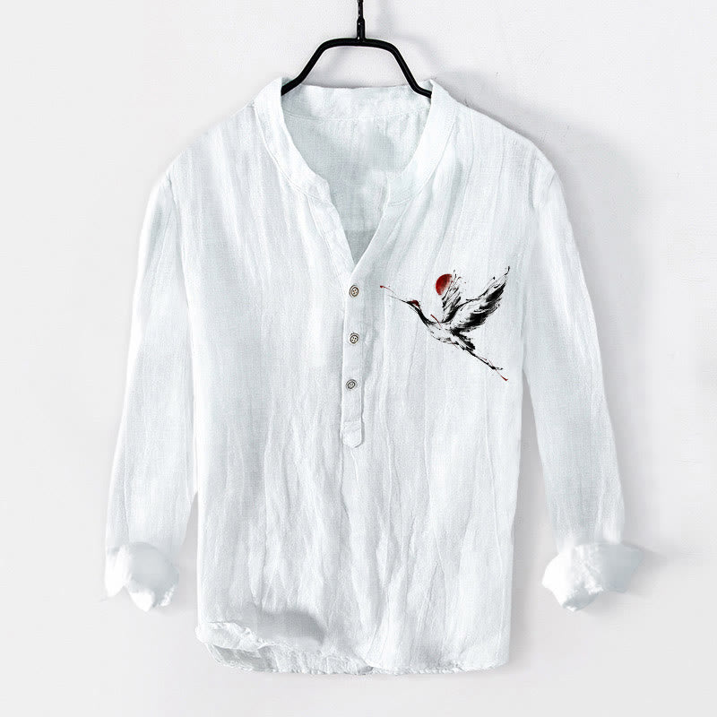 Buddha Stones Flying Crane Sun Pattern Half Buttons Men's Cotton Linen Long Sleeve Shirt - White - US/UK/AU50,EU60 (5XL) - image 6
