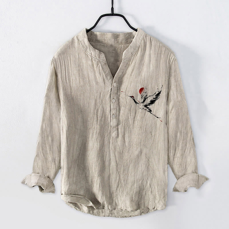 Buddha Stones Flying Crane Sun Pattern Half Buttons Men's Cotton Linen Long Sleeve Shirt - Linen - US/UK/AU50,EU60 (5XL) - image 0