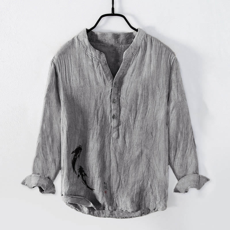 Buddha Stones Two Koi Fish Pattern Half Buttons Men's Cotton Linen Long Sleeve Shirt - Gray - US/UK/AU50,EU60 (5XL) - image 3