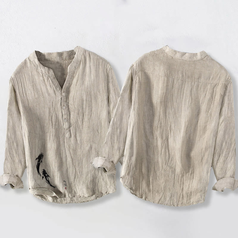Buddha Stones Two Koi Fish Pattern Half Buttons Men's Cotton Linen Long Sleeve Shirt - image 2