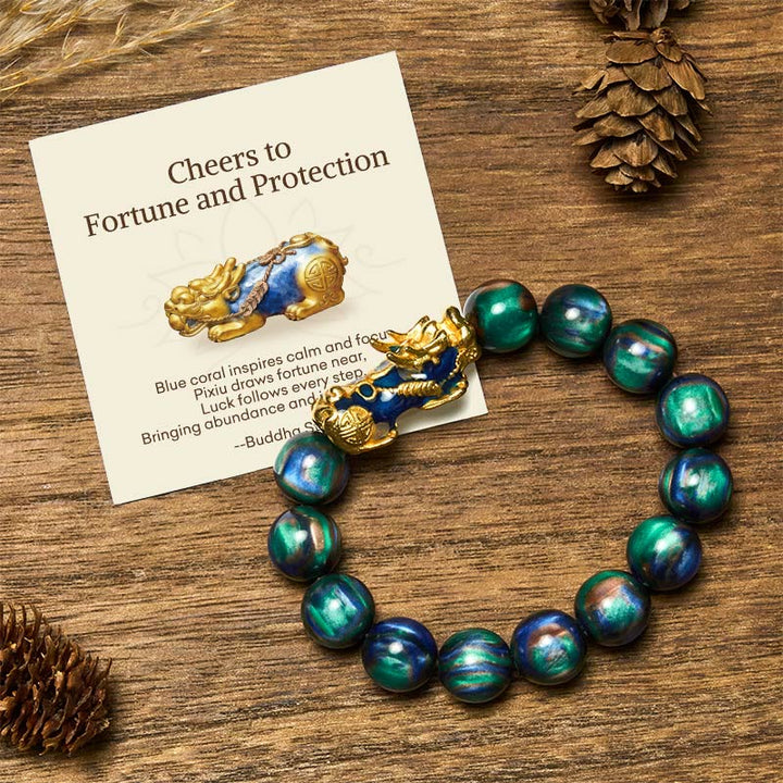 Buddha Stones "Cheers to Fortune and Protection" PiXiu Bracelet Includes Gift Message Card - Blue Sea Willow(Wrist Circumference 15-18cm) - Standard Gift Box - image 0