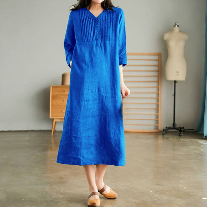 Buddha Stones Casual Plain Accordion Pleats V-neck Half Sleeve Design Midi Dress With Pockets - DodgerBlue - US12,UK/AU16,EU44 (3XL) - image 4
