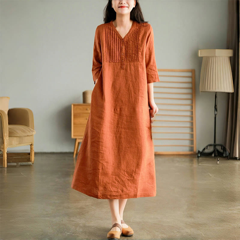 Buddha Stones Casual Plain Accordion Pleats V-neck Half Sleeve Design Midi Dress With Pockets - Coral - US12,UK/AU16,EU44 (3XL) - image 6