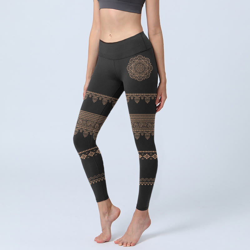 Buddha Stones Mandala Floral Leaf Pattern Gym Leggings Women's Yoga Pants - Black - US18,UK/AU22,EU50 (4XL) - image 0