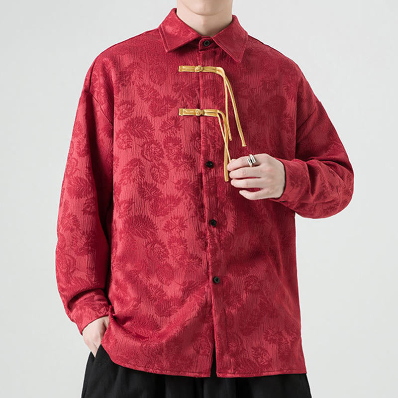 Buddha Stones Frog-Button Leaves Pattern Long Sleeve Men's Tang Suit Jacket - Crimson - US/UK/AU50,EU60 (5XL) - image 0