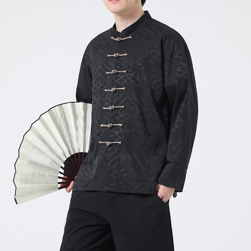 Buddha Stones Frog-Button Mountain Wave Pattern Long Sleeve Men's Cotton Jacket With Pockets - Black - US/UK/AU46,EU56 (5XL) - image 9