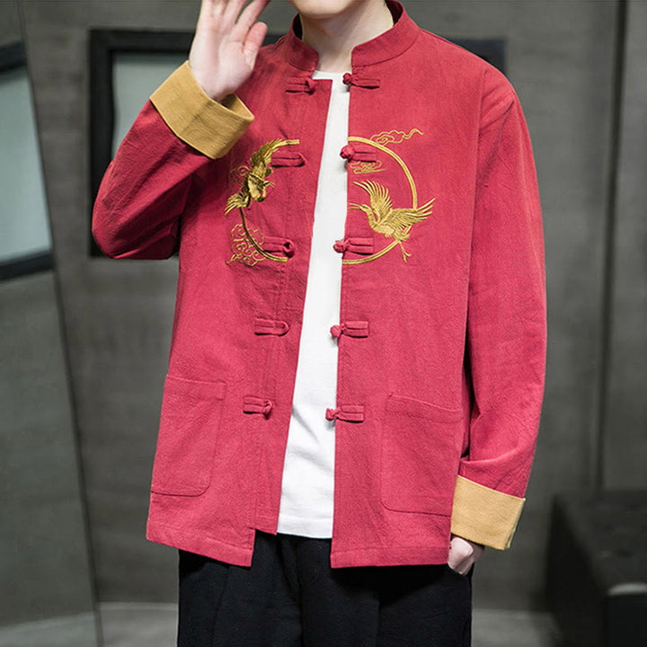 Buddha Stones Embroidery Cranes Pattern Frog-Button Men's Cotton Long Sleeve Jacket With Pockets - Crimson - US/UK/AU46,EU56 (5XL) - image 0