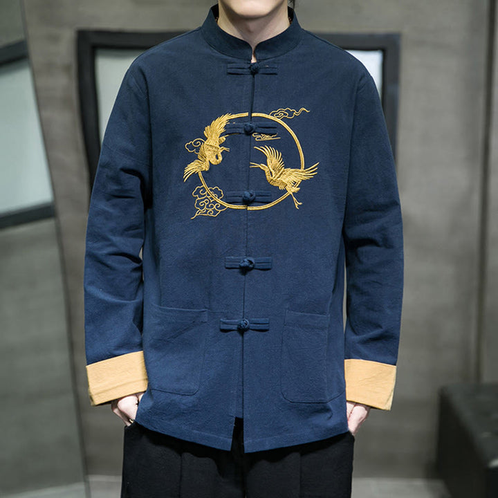 Buddha Stones Embroidery Cranes Pattern Frog-Button Men's Cotton Long Sleeve Jacket With Pockets - DarkBlue - US/UK/AU46,EU56 (5XL) - image 29