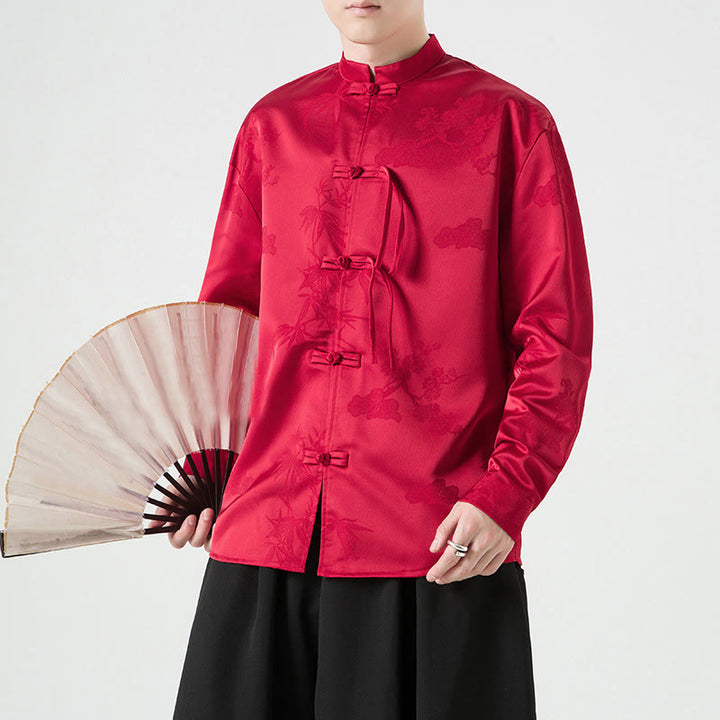 Buddha Stones Plain Frog-Button Design Tang Suit Men's Long Sleeve Jacket - Crimson - US/UK/AU46,EU56 (5XL) - image 0