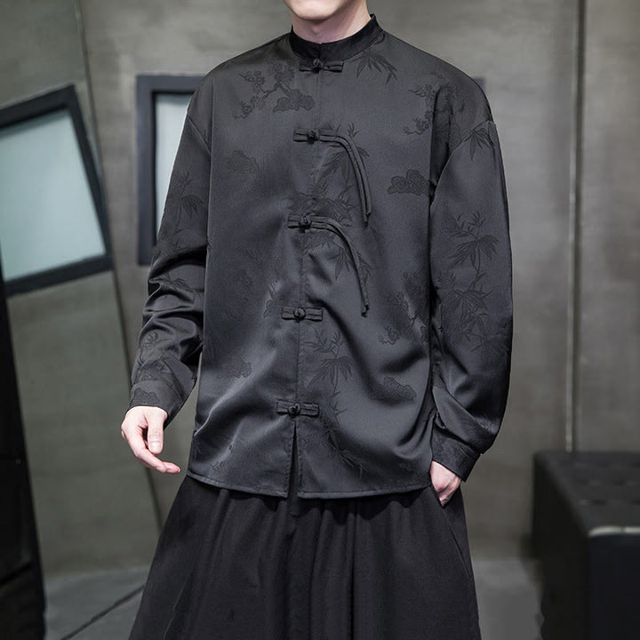 Buddha Stones Plain Frog-Button Design Tang Suit Men's Long Sleeve Jacket - Black - US/UK/AU46,EU56 (5XL) - image 10