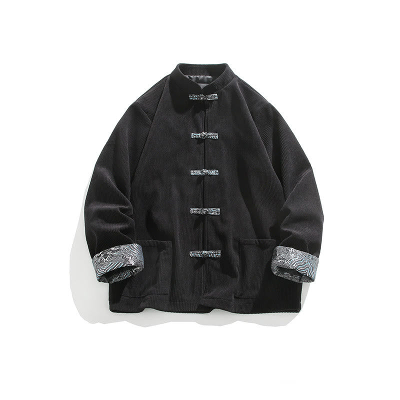 Buddha Stones Spring Jacquard Frog-Button Men's Cotton Corduroy Long Sleeve Jacket With Pockets - Black - US/UK/AU46,EU56 (5XL) - image 10