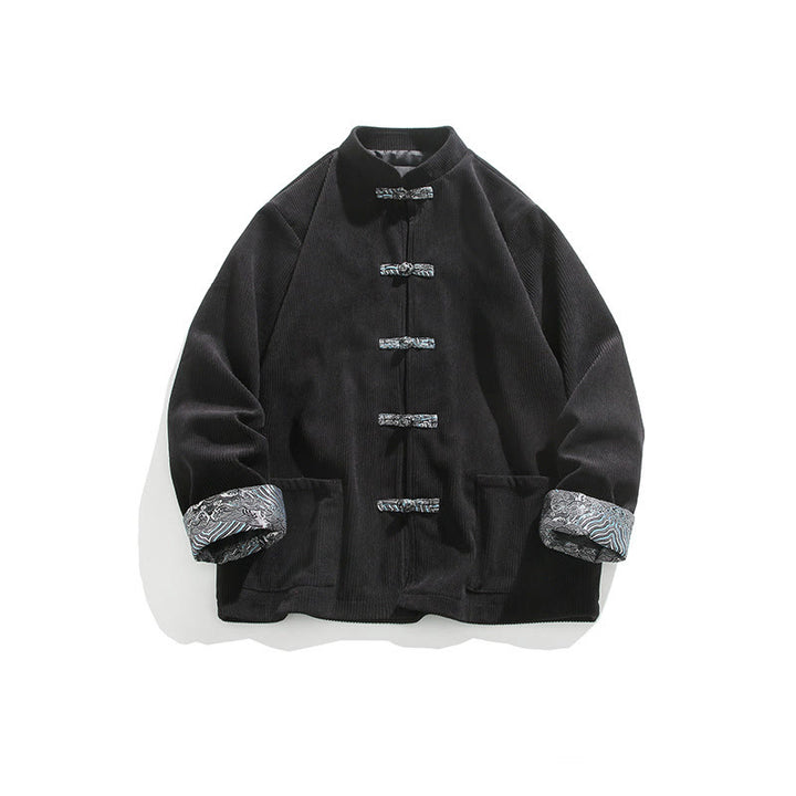 Buddha Stones Spring Jacquard Frog-Button Men's Cotton Corduroy Long Sleeve Jacket With Pockets - Black - US/UK/AU46,EU56 (5XL) - image 10