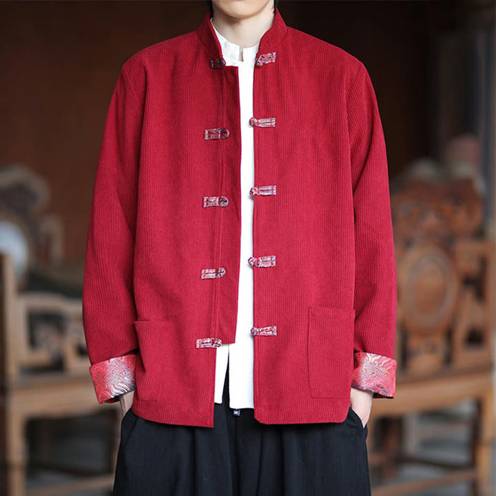 Buddha Stones Spring Jacquard Frog-Button Men's Cotton Corduroy Long Sleeve Jacket With Pockets - Crimson - US/UK/AU46,EU56 (5XL) - image 0