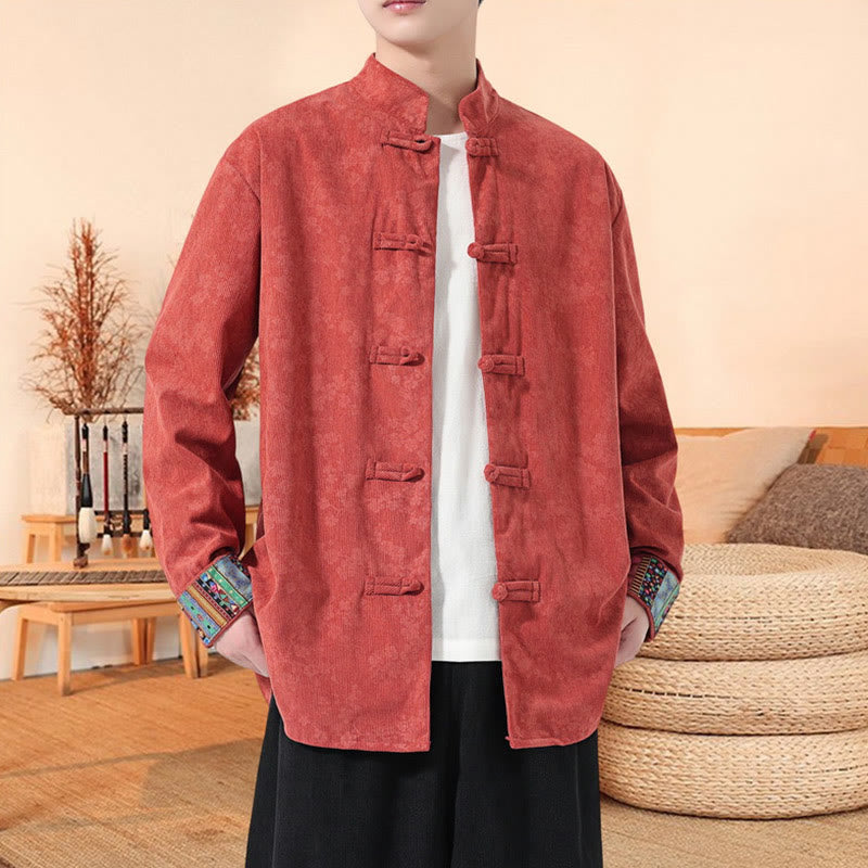Buddha Stones Plain Plum Blossom Pattern Long Sleeve Men's Cotton Corduroy Tang Suit Jacket - Tomato - US/UK/AU46,EU56 (5XL) - image 9