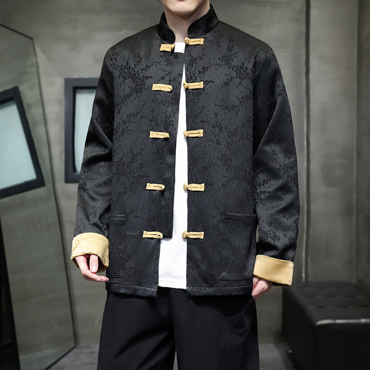 Buddha Stones Jacquard Stand Collar Long Sleeve Men's Cotton Jacket With Pockets - image 8