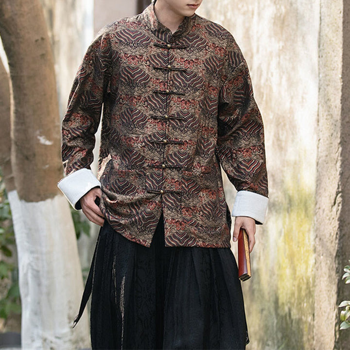 Buddha Stones Printing Floral Pattern Men's Button Design Long Sleeve Shirt With Pockets - SaddleBrown - US/UK/AU46,EU56 (5XL) - image 17