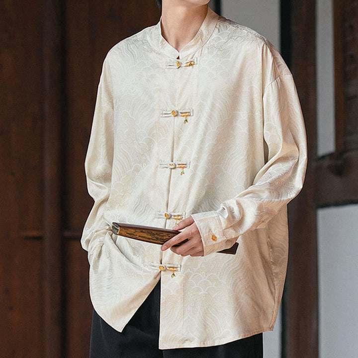 Buddha Stones Chinese Frog-Button Bamboo Shape Design Stand Collar Men's Long Sleeve Shirt - Beige - US/UK/AU46,EU56 (5XL) - image 0