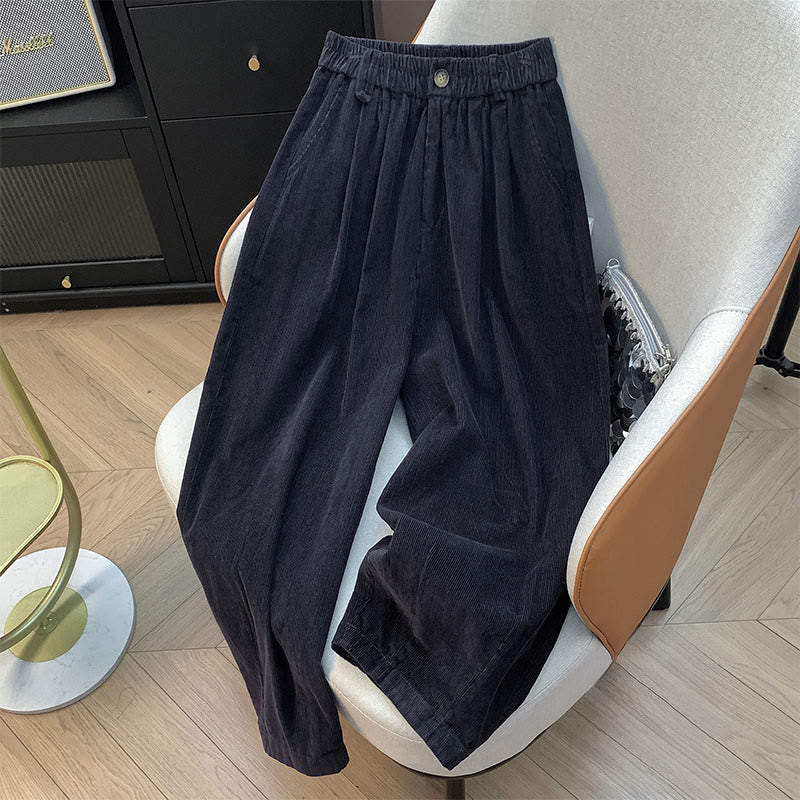 Buddha Stones Plain Elastic Waistband Design Women's Wide Leg Corduroy Cotton Pants With Pockets - DimGray - US8-10,UK/AU12-14,EU40-42 (2XL) - image 19