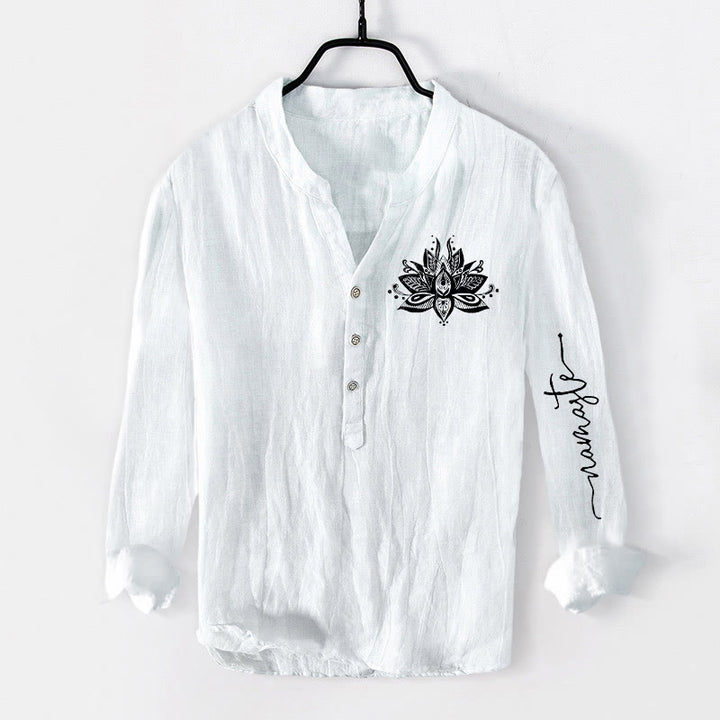 Buddha Stones Lotus Pattern Half Buttons Men's Cotton Linen Long Sleeve Shirt - White - US/UK/AU50,EU60 (5XL) - image 6