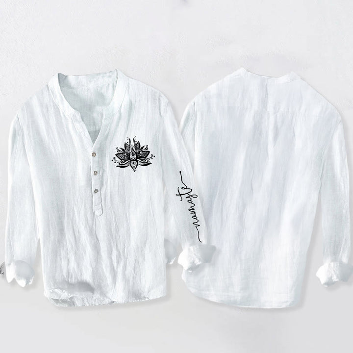 Buddha Stones Lotus Pattern Half Buttons Men's Cotton Linen Long Sleeve Shirt - image 8