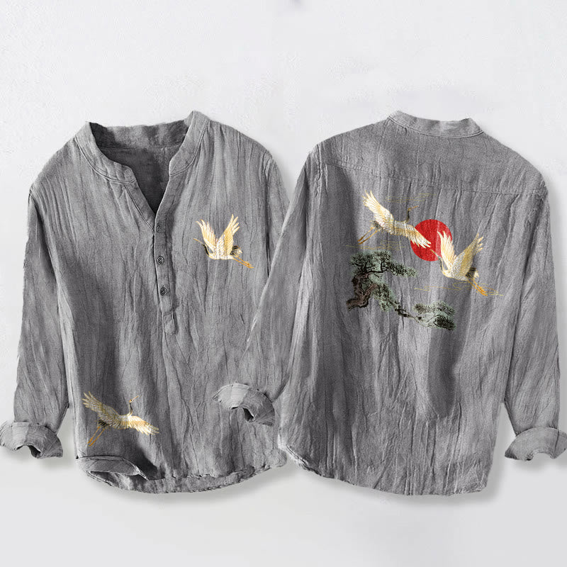 Buddha Stones Crane Red Sun Pine Tree Pattern Half Buttons Men's Cotton Linen Long Sleeve Shirt - Gray - US/UK/AU50,EU60 (5XL) - image 0