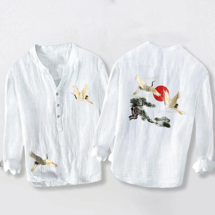 Buddha Stones Crane Red Sun Pine Tree Pattern Half Buttons Men's Cotton Linen Long Sleeve Shirt - White - US/UK/AU50,EU60 (5XL) - image 6