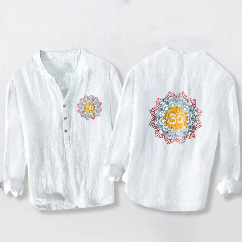 Buddha Stones Half Buttons Mandala Om Symbol Pattern Men's Cotton Linen Long Sleeve Shirt - White - US/UK/AU50,EU60 (5XL) - image 0