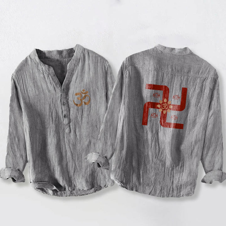 Buddha Stones Half Buttons Lotus Swastika Om Symbol Pattern Men's Cotton Linen Long Sleeve Shirt - Gray - US/UK/AU50,EU60 (5XL) - image 3