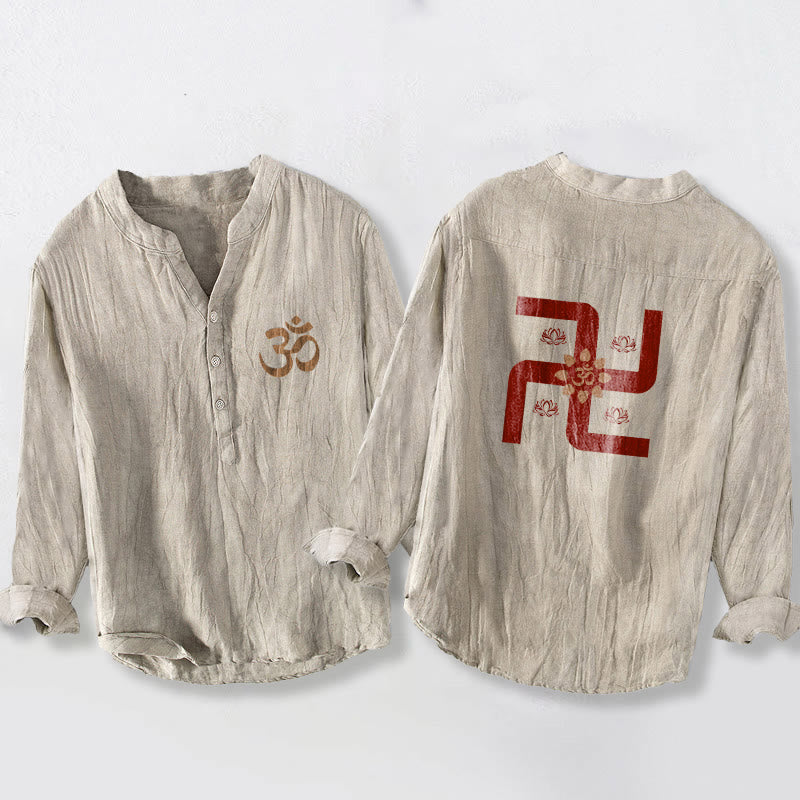 Buddha Stones Half Buttons Lotus Swastika Om Symbol Pattern Men's Cotton Linen Long Sleeve Shirt - Linen - US/UK/AU50,EU60 (5XL) - image 0