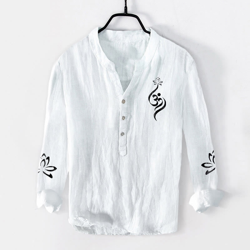 Buddha Stones Half Buttons Lotus Om Symbol Printed Pattern Men's Cotton Linen Long Sleeve Shirt - White - US/UK/AU50,EU60 (5XL) - image 6