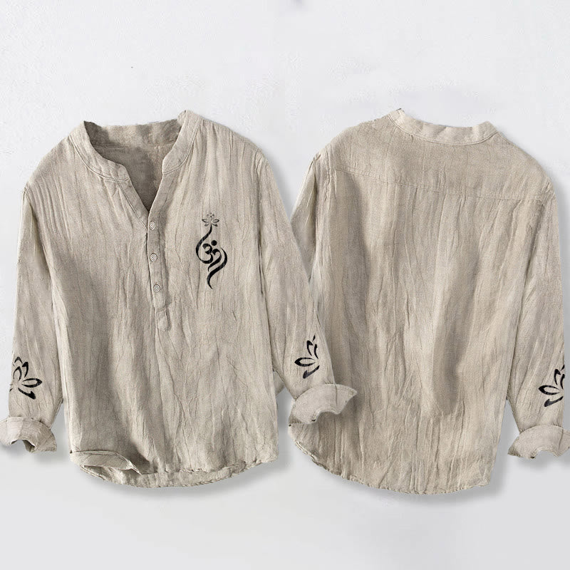 Buddha Stones Half Buttons Lotus Om Symbol Printed Pattern Men's Cotton Linen Long Sleeve Shirt - image 5