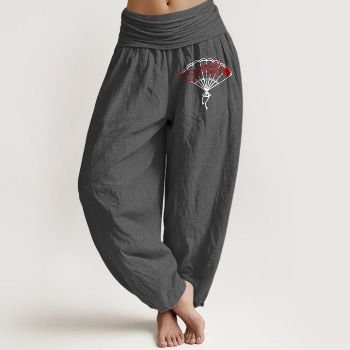 Buddha Stones Fan Red Fish Pattern Women's Elastic Waist Harem Pure Cotton Pants - DimGray - US22,UK/AU26,EU54 (6XL) - image 11