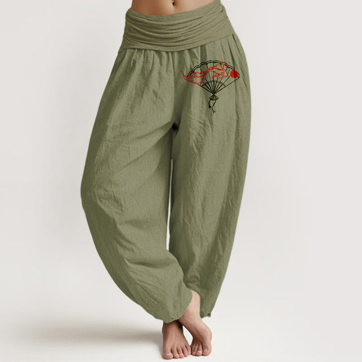 Buddha Stones Fan Red Fish Pattern Women's Elastic Waist Harem Pure Cotton Pants - OliveDrab - US22,UK/AU26,EU54 (6XL) - image 0
