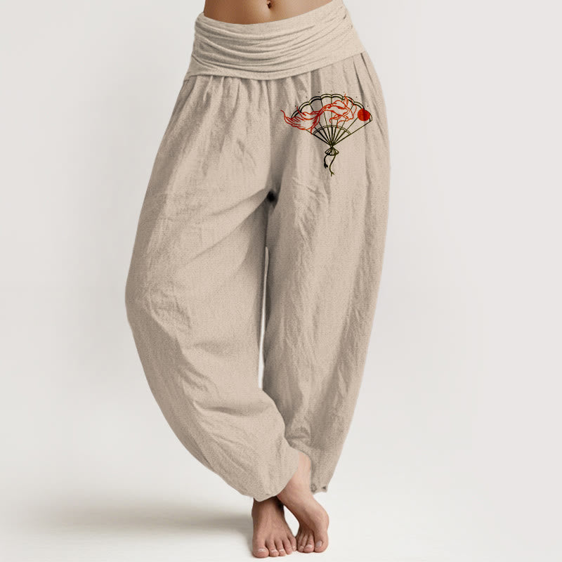Buddha Stones Fan Red Fish Pattern Women's Elastic Waist Harem Pure Cotton Pants - Tan - US22,UK/AU26,EU54 (6XL) - image 14