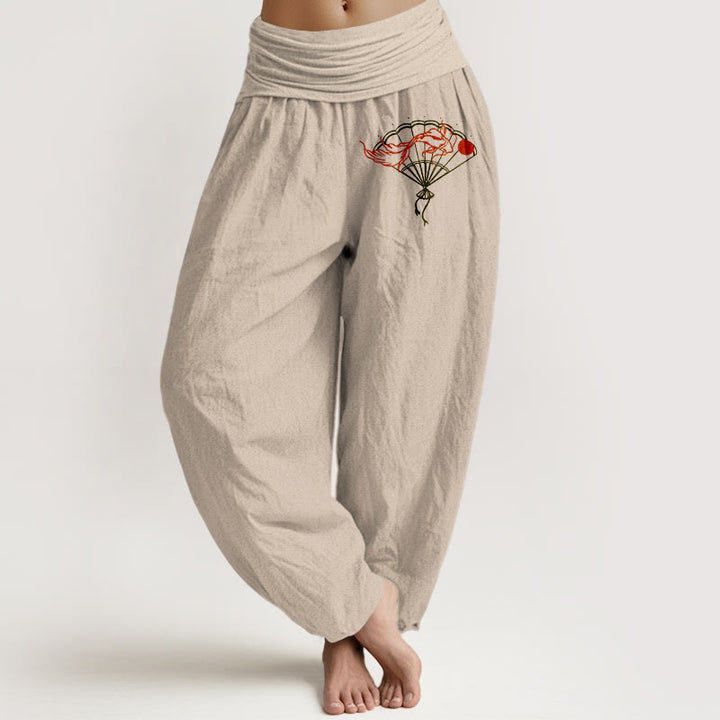 Buddha Stones Fan Red Fish Pattern Women's Elastic Waist Harem Pure Cotton Pants - Tan - US22,UK/AU26,EU54 (6XL) - image 14