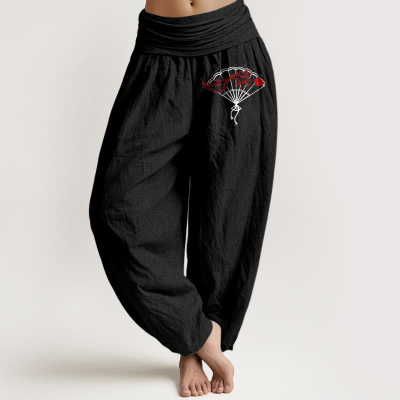Buddha Stones Fan Red Fish Pattern Women's Elastic Waist Harem Pure Cotton Pants - Black - US22,UK/AU26,EU54 (6XL) - image 5