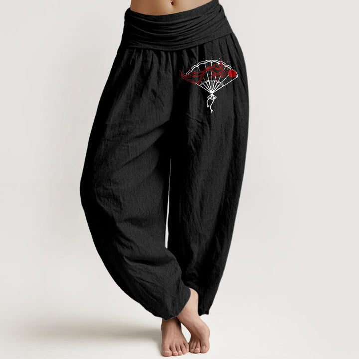 Buddha Stones Fan Red Fish Pattern Women's Elastic Waist Harem Pure Cotton Pants - Black - US22,UK/AU26,EU54 (6XL) - image 5