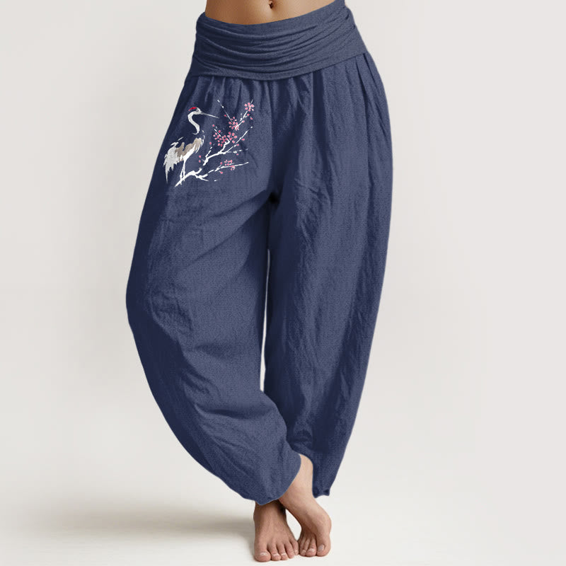 Buddha Stones Crane Blooming Branches Pattern Women's Elastic Waist Harem Pure Cotton Pants - DarkSlateBlue - US22,UK/AU26,EU54 (6XL) - image 0