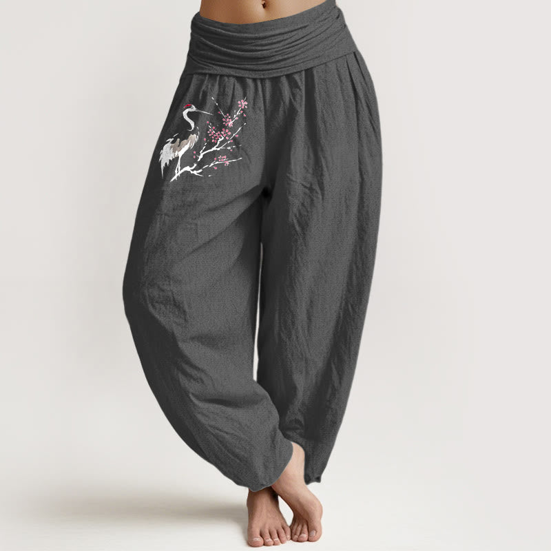 Buddha Stones Crane Blooming Branches Pattern Women's Elastic Waist Harem Pure Cotton Pants - DimGray - US22,UK/AU26,EU54 (6XL) - image 8