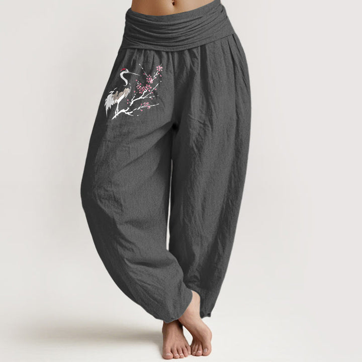 Buddha Stones Crane Blooming Branches Pattern Women's Elastic Waist Harem Pure Cotton Pants - DimGray - US22,UK/AU26,EU54 (6XL) - image 8