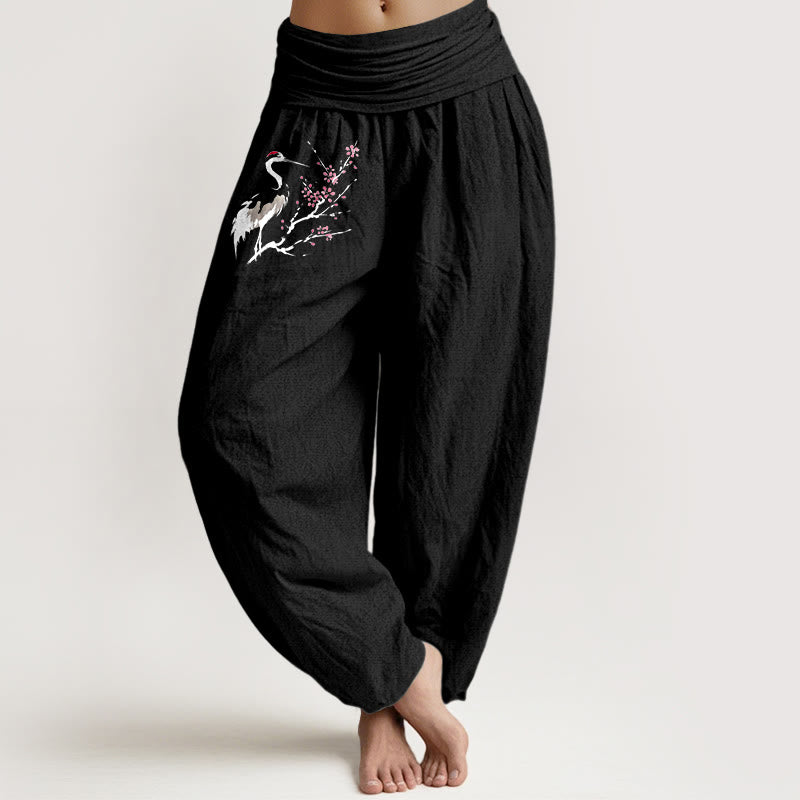 Buddha Stones Crane Blooming Branches Pattern Women's Elastic Waist Harem Pure Cotton Pants - Black - US22,UK/AU26,EU54 (6XL) - image 5