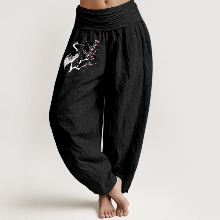 Buddha Stones Crane Blooming Branches Pattern Women's Elastic Waist Harem Pure Cotton Pants - Black - US22,UK/AU26,EU54 (6XL) - image 5