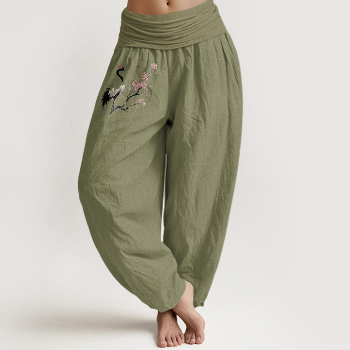 Buddha Stones Crane Blooming Branches Pattern Women's Elastic Waist Harem Pure Cotton Pants - OliveDrab - US22,UK/AU26,EU54 (6XL) - image 14