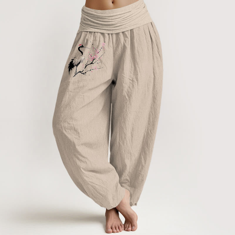 Buddha Stones Crane Blooming Branches Pattern Women's Elastic Waist Harem Pure Cotton Pants - Tan - US22,UK/AU26,EU54 (6XL) - image 11
