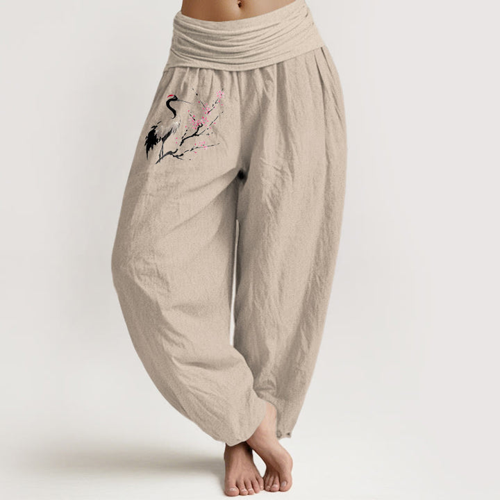Buddha Stones Crane Blooming Branches Pattern Women's Elastic Waist Harem Pure Cotton Pants - Tan - US22,UK/AU26,EU54 (6XL) - image 11