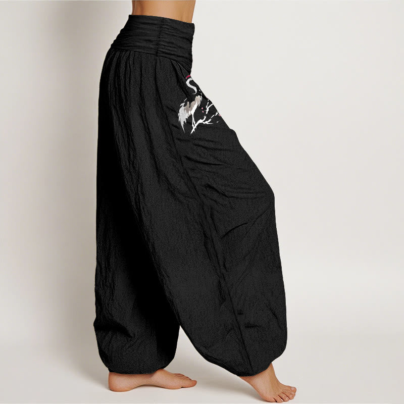 Buddha Stones Crane Blooming Branches Pattern Women's Elastic Waist Harem Pure Cotton Pants - image 6