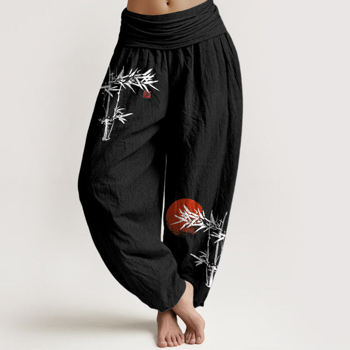 Buddha Stones Bamboo Leaves Red Sun Pattern Women's Elastic Waist Harem Pure Cotton Pants - Black - US22,UK/AU26,EU54 (6XL) - image 5