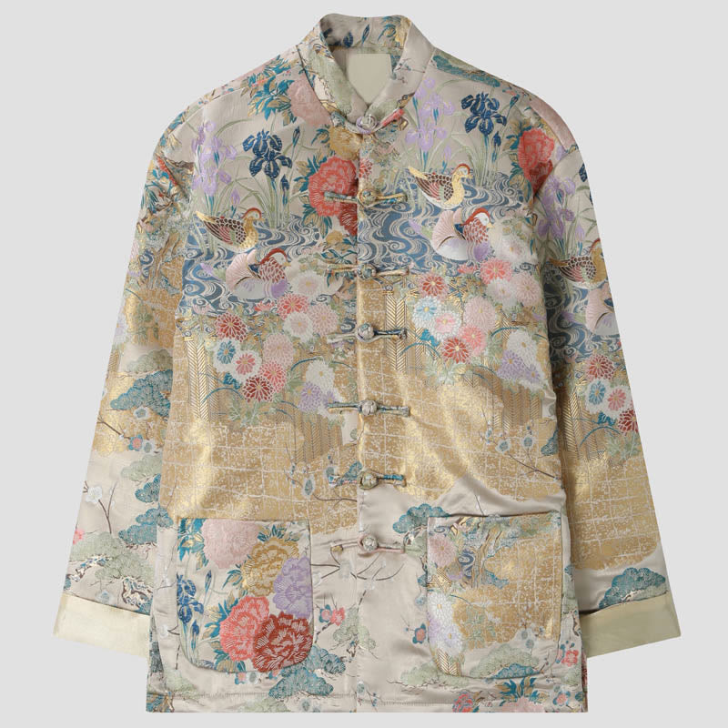 Buddha Stones Mandarin Duck Peony Flower Frog-Button Long Sleeve Men's Jacket With Pockets - Linen - US/UK/AU44,EU54 (4XL) - image 0